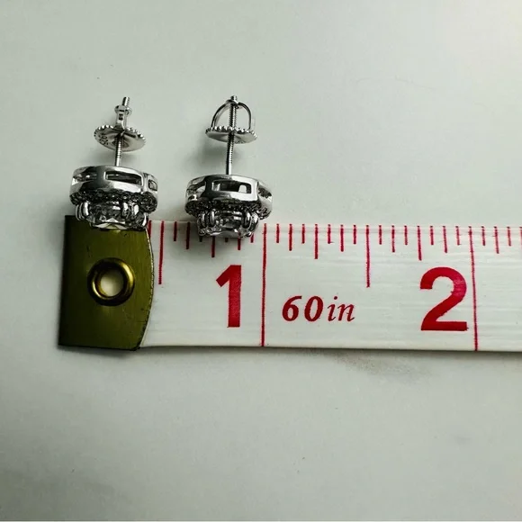 925 Sterling Silver Screwback Halo Diamond CZ Stud Earrings - Picture 7 of 8